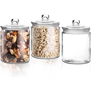 Set of 3 Glass Jar with Lid 1 Liter | Airtight Glass Storage Container for Food, Pasta, Coffee, Candy, Dog Treats, Snacks | Glass Organization Canisters for Home & Kitchen | 34 Ounces