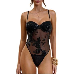 MakeMeChic Women's Sequin Mesh Bodysuit Party Sparkly Glitter Sleeveless Cami Leotard Tops (Medium, Black)