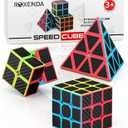 ROXENDA Speed Cube Set, Magic Cube Set of 2x2x2 3x3x3 Pyramid Cube Smooth Puzzle Cube (Carbon Fiber)