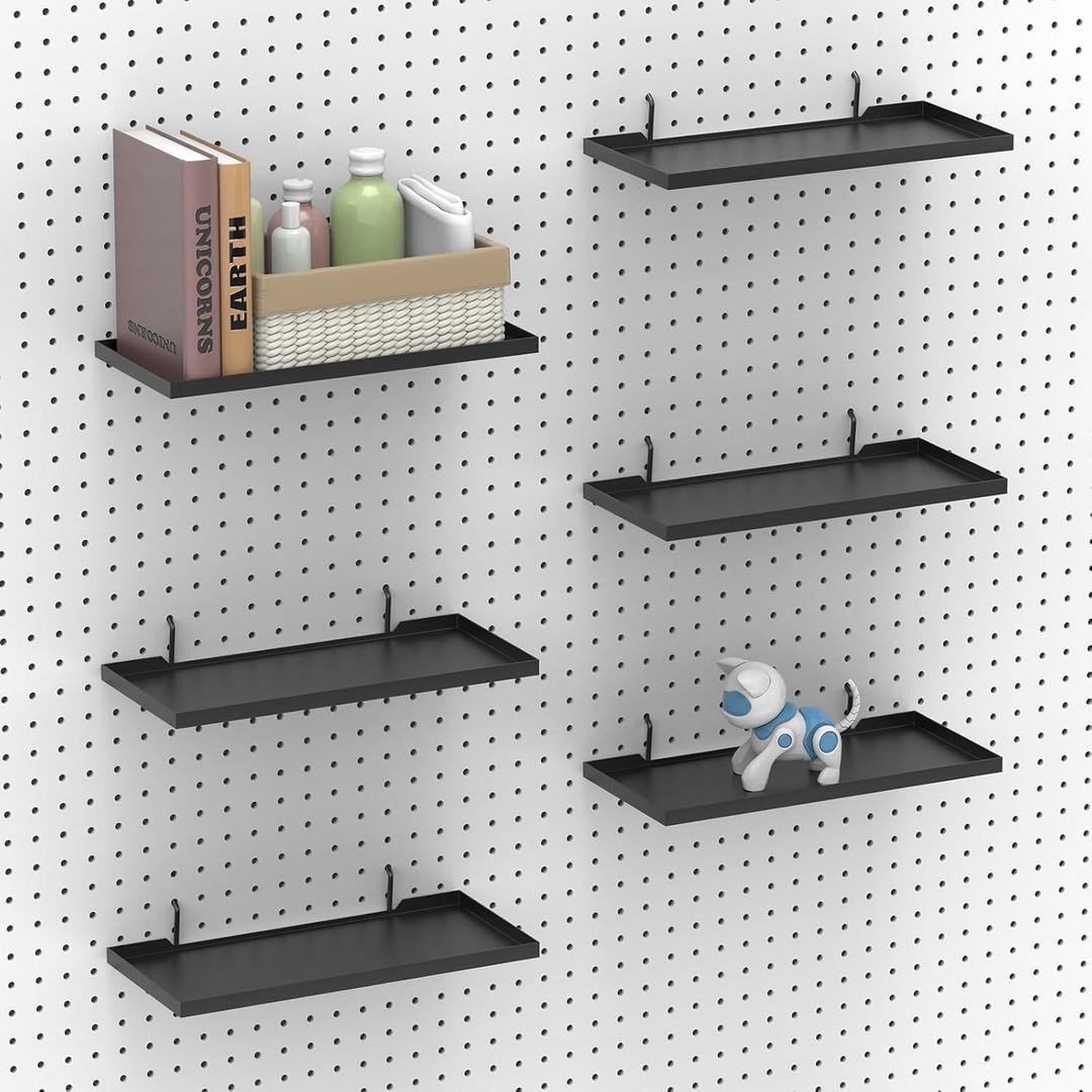 13X6 Inch Pegboard Shelves Set of 6, Metal Peg Board Shelves Accessories, Flat Display Shelves for Pegboard, Metal Retail Display for Storage and Organization, Black