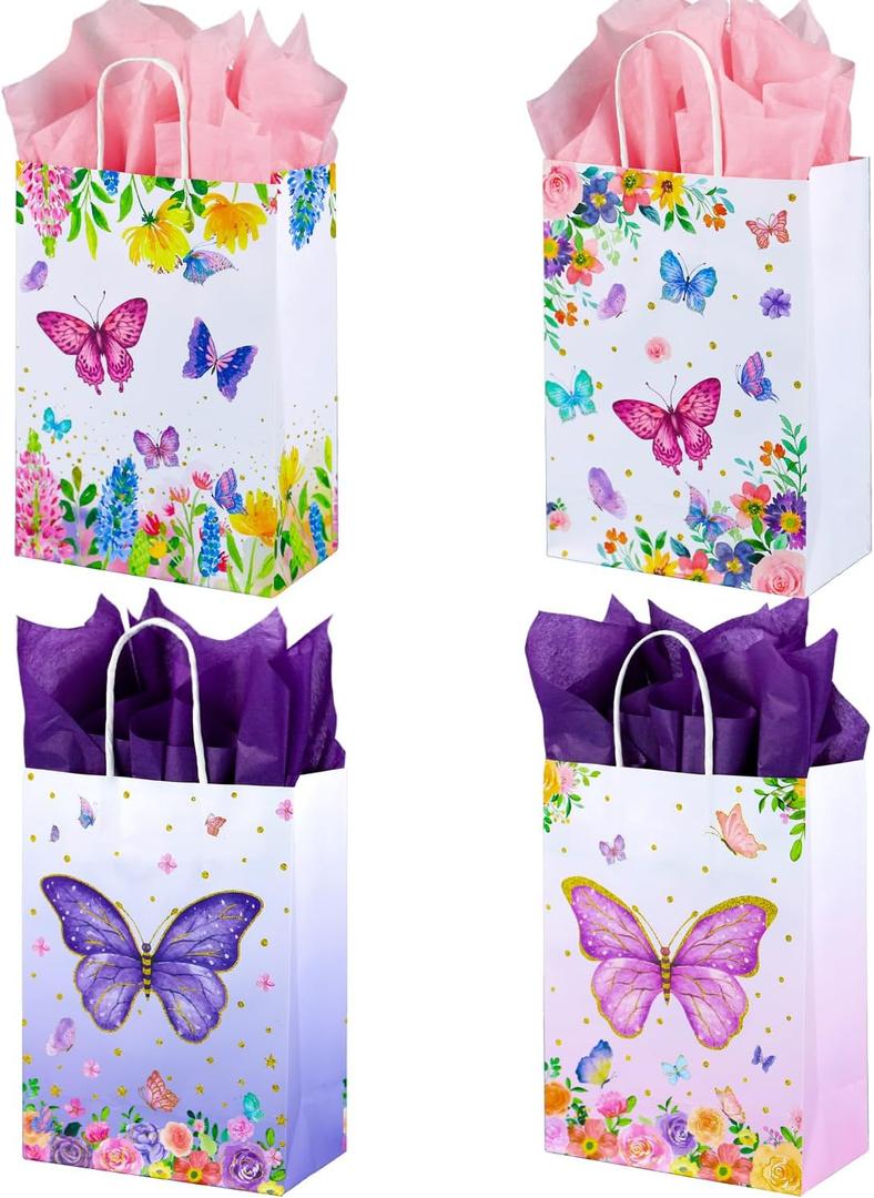ASOEMERZ 24 Pack Butterfly Gift Bags with Tissue Paper Bags with Handles, 8.7'' Small Gift Bag Party Bags for Kids Birthday, Mothers Day, Bridal Showers, Baby Showers (Butterfly Flowers)