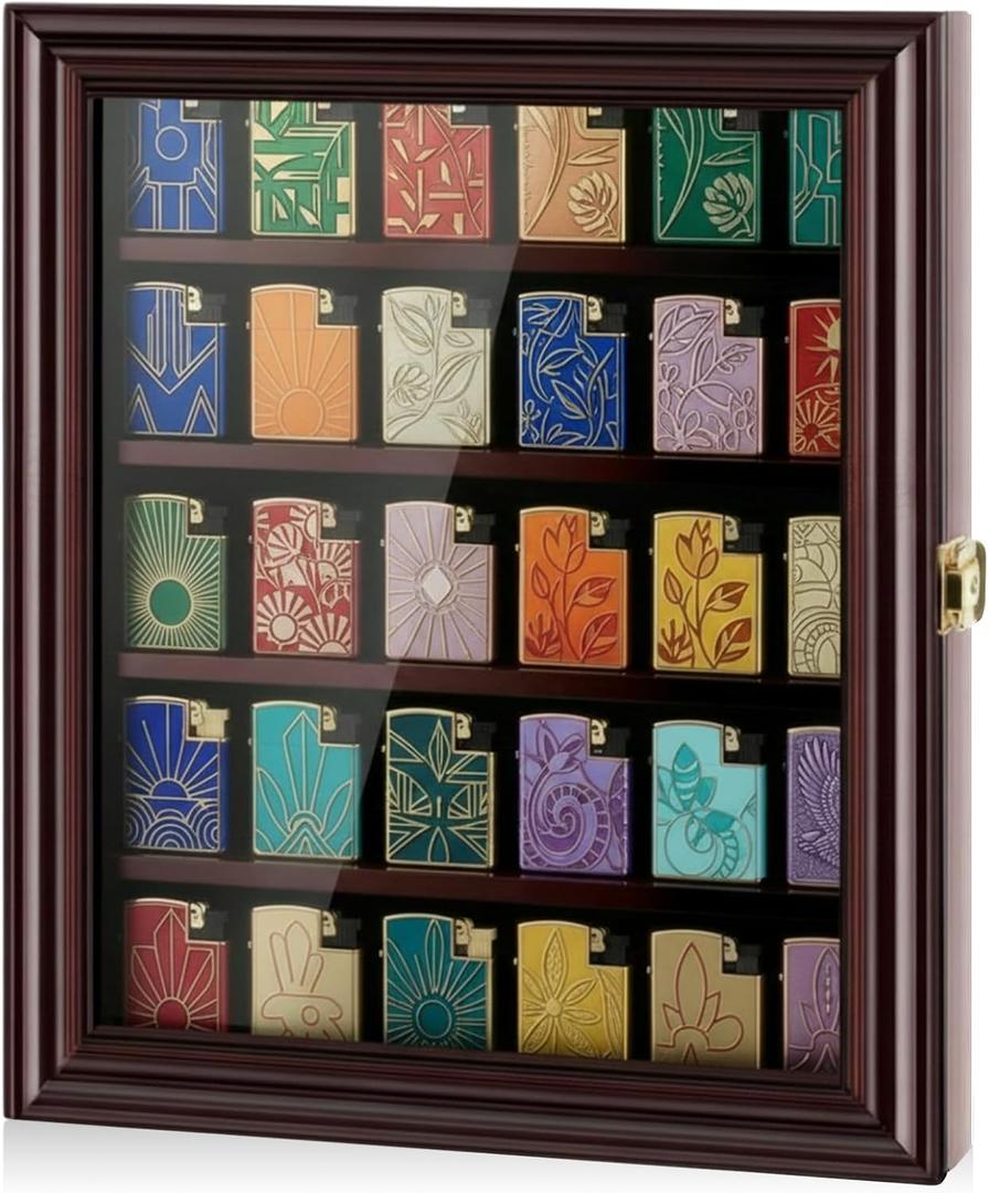 Silipull 30 Lighter Display Case Wall Mount Display Case for Lighter Detachable Wooden Cabinet W/98% UV Acrylic Door Lockable Spoon Storage Box for Collection, 14.1 x 11.42 x 1.57 Inch, Cherry Finish
