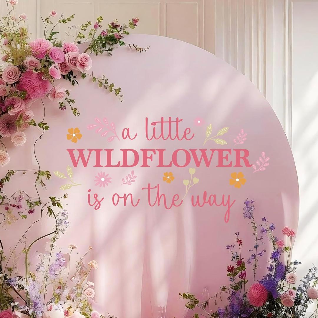BOOMPA Baby Shower Backdrop Decal, A Little Wildflower Theme Wall Decoration, 35.4 x 16.9 inches, Pink Floral Design (RedFlower)