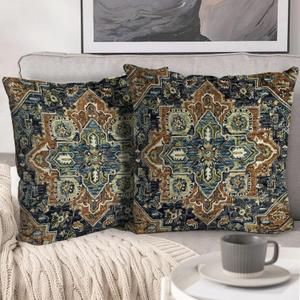 BUAEL Boho Throw Pillow Covers 18x18 inch Set of 2,Bohemian Vintage Carpet Pattern Antique Ethnic Decor Double Sided Pattern Cushion Cover Soft Pillow Case Living Sofa Room Bed Square Pillow Cover