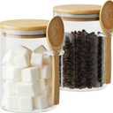 Glass Sugar Container with Spoon - 2 Pack 15oz Glass Jars with Bamboo Lid and Spoon, Bamboo Lid Storage Jar Canister for Coffee Beans, Spice, Brown Sugar, Tea, Flour, Nuts, Candy, Salts and More