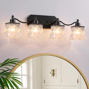 Bathroom Vanity Light Fixtures, 4-Light Vintage Matte Black Vanity Lights with Crystal Glass Shades, Farmhouse Bathroom Lighting Fixtures Over Mirror for Bathroom Bedroom Hallway