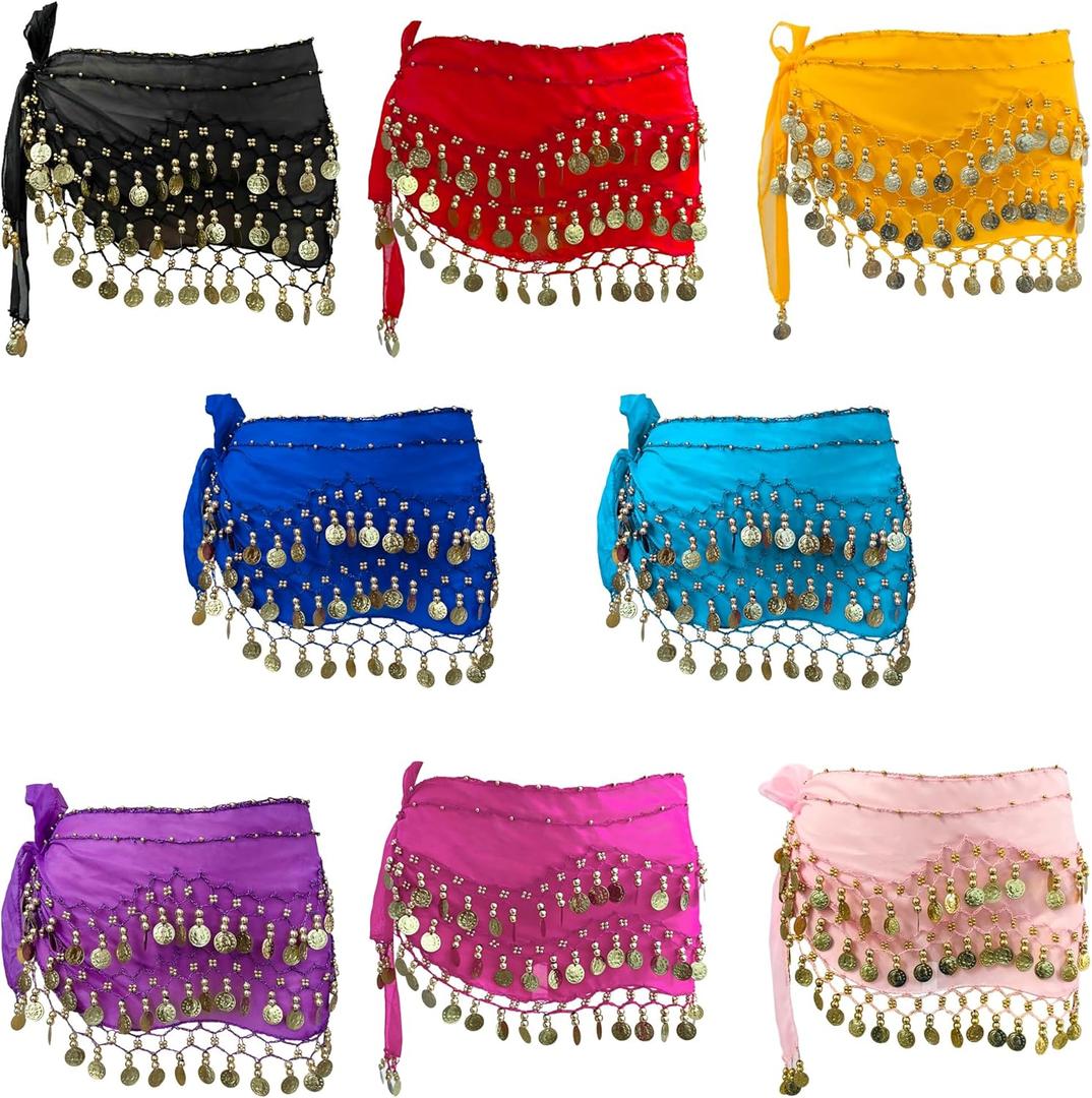 8Pcs Belly Dance Hip Scarf For Women 128 Gold Coins Belly Dancing Skirt Wrap Set Bling Sequins Performance Costume Beaded Belt Outfits Accessories Waist Chains