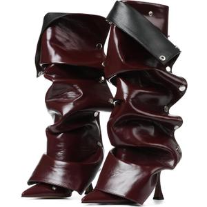 VOMIRA Women's Knee High Boots Stiletto Boots Pointed Toe High Heels Wide Calf Ruched Slouchy Boots Detachable Snap-off Panel Mid Calf Boots Black Boots (7, Burgundy)