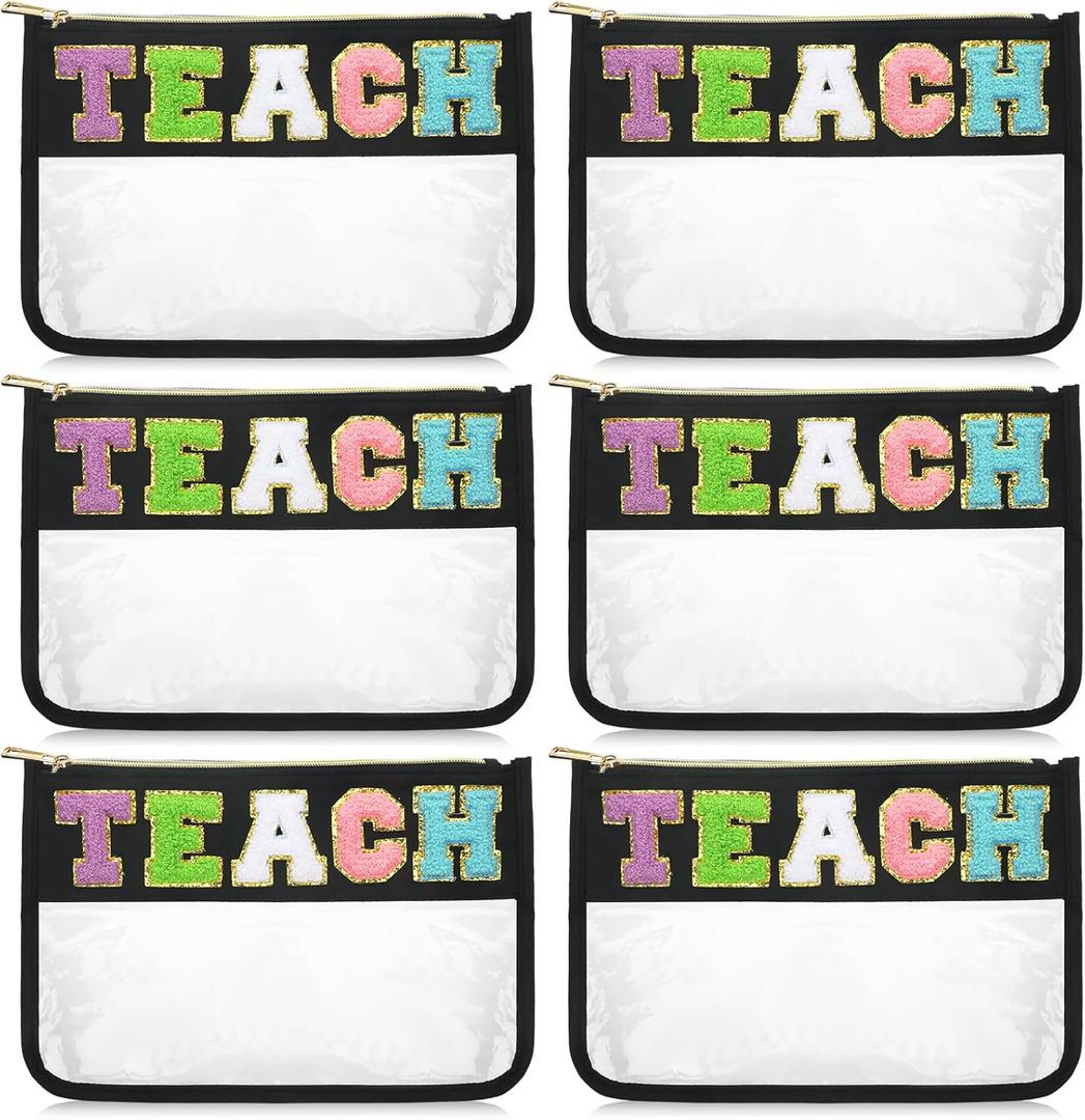 Clysee 2 Pcs Chenille Letter Bag Bulk Teacher Appreciation Gifts Preppy Patch Makeup Bag Flat Clear Pouch Teacher Must Haves Teacher Stuff Bags with Zipper Portable Toiletry Storage Bag for Teacher