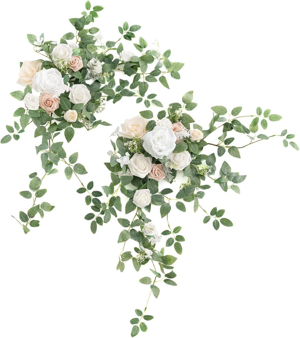 Ling's moment 2PCS Artificial Floral Swags Arch Flowers Wedding Centerpieces Flower Rose Garland Mantel Greenery Arrangements for Sweetheart Welcome Signs Decor Wall Window Home Decor White & Sage
