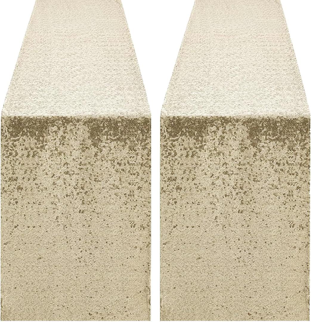 2 Packs 12 x 72 inches Champagne Sequin Table Runner, Glitter Runner for Birthday Party Supplies Decorations Wedding Bachelorette Holiday Celebration Bridal Shower Baby Shower