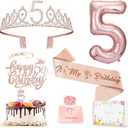 5th Birthday Decorations Girl, Including 5 year old Birthday Cake Topper, Queen Sash with Pearl Pin, Sweet Rhinestone Tiara Crown, Number Candles and Balloons Set, Rose Gold
