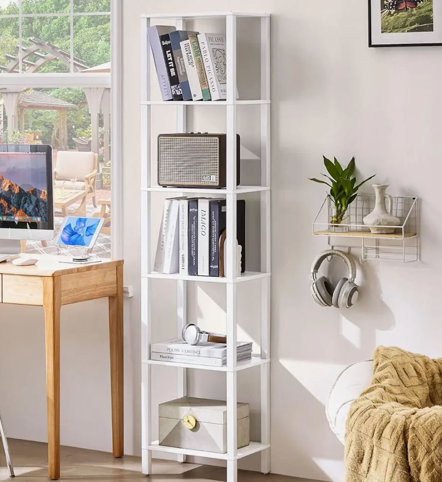 YUFAM 66in Tall Bookshelf 6Tier Small Narrow Bookcase, Skinny Book Shelf for Small Space, Farmhouse Slim Shelf with Storage, Wood Freestanding Display Thin Bookshelves for Living Room, Office, White