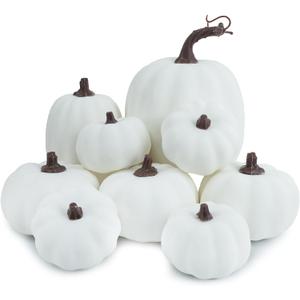 9PCS Fall Pumpkin Decor - Plastic Artificial Fake Pumpkins Used for Home Party Outdoor Decor and Thanksgiving Decorations(White)