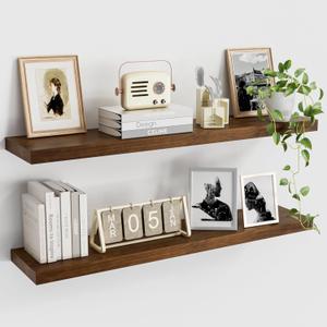 Rustic Farmhouse Floating Shelves - Bathroom Wooden Shelves for Wall Mounted - Kitchen Floating Shelf - Wood Floating Shelves for Wall,Mounted Invisible Bracket - 36D x 8W Inch, Set of 2 (36''W x 8''D x 1.4''H,Set of 2-Pine Wood, Walnut)