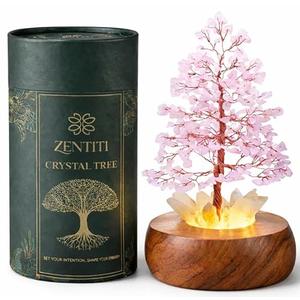 Rose Crystal Tree of Life with LED Light – Handcrafted Gemstone Bonsai on Quartz Base & Acacia Wood Stand – Spiritual Home & Office Décor, Feng Shui, Thoughtful Gift for Women