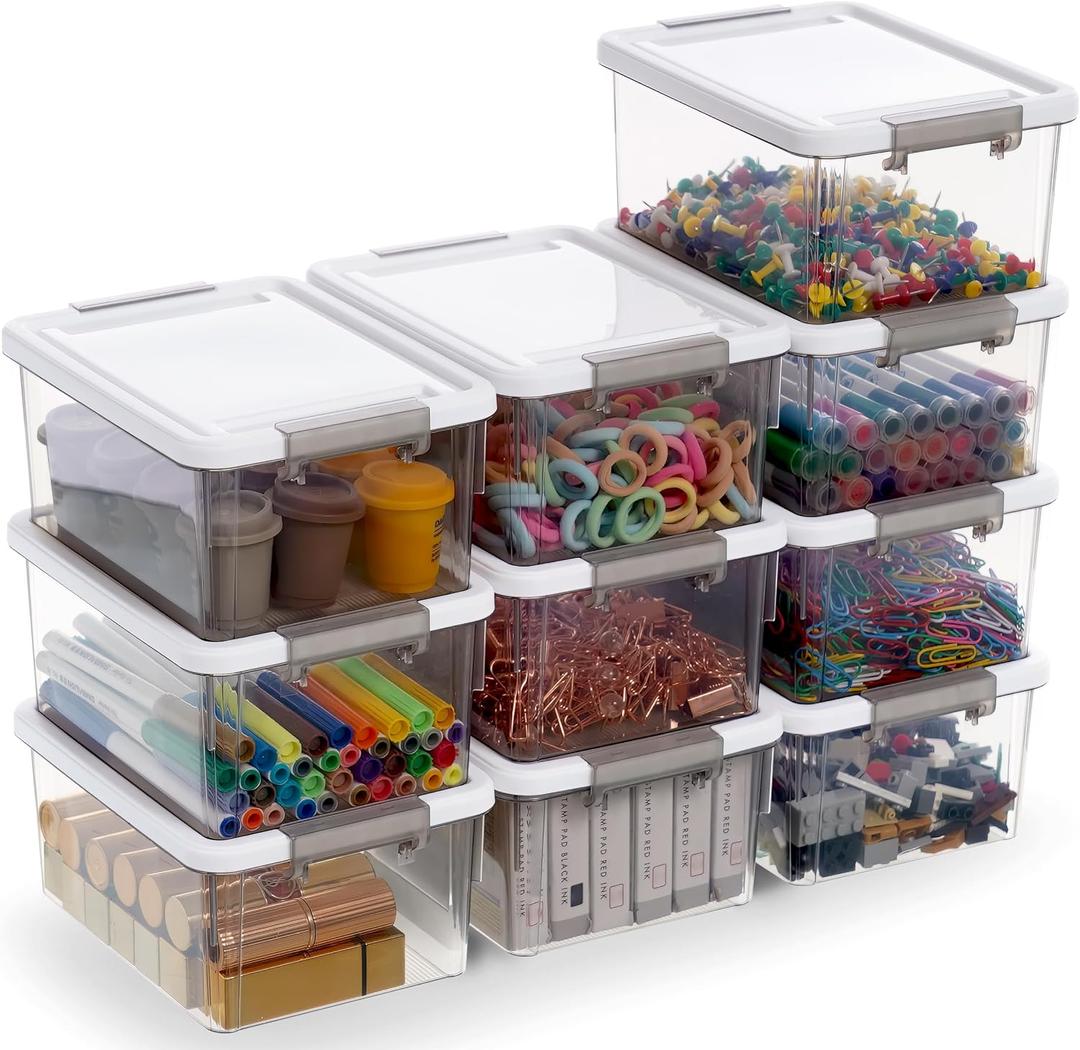 Citylife 1.32 QT 10 Pack Small Storage Bins Plastic Storage Container Stackable Box with Lids for Organizing, Clear Grey