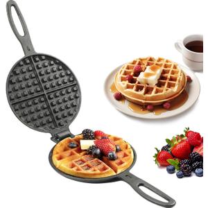Cast Iron Waffle Cookware Two Piece Hinged Non Electric Waffle Iron for Stovetop or Grill Makes 7" Round Waffles Design Waffle Pan