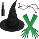 4 Pcs Halloween Green Witch Costume Include Black Witch Hat,Glasses,Gloves for Women Movie Character Dress Up