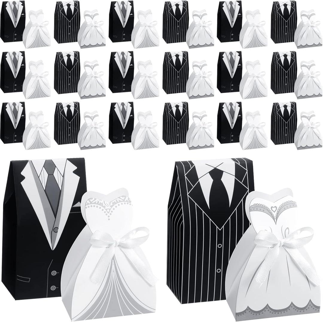 Yahenda 100 Pcs Wedding Party Favor Boxes Dress Tuxedo Candy Chocolate Gift Box Creative Vintage Wedding Treat Bags Bulk with Ribbon for Birthday Bridal Shower Guests Decoration(Classic Style)