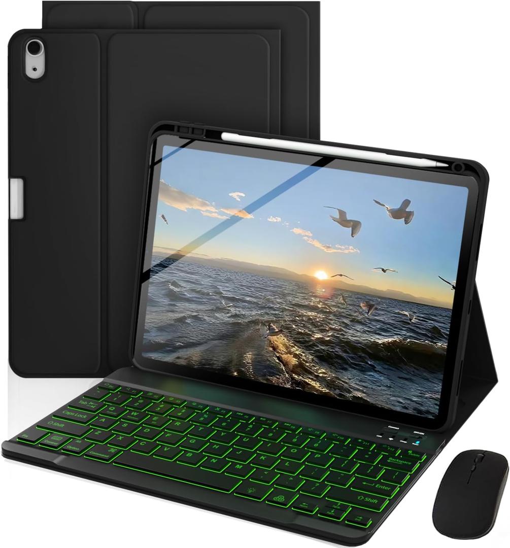 Keyboard Case for iPad A16 11th Generation 2025 / 10th Generation 2022, Mouse and 7 Colors Backlit Detachable Keyboard, Adjustable Stand Built in S Pen Holder, Auto-Sleep/Wake Feature, Black