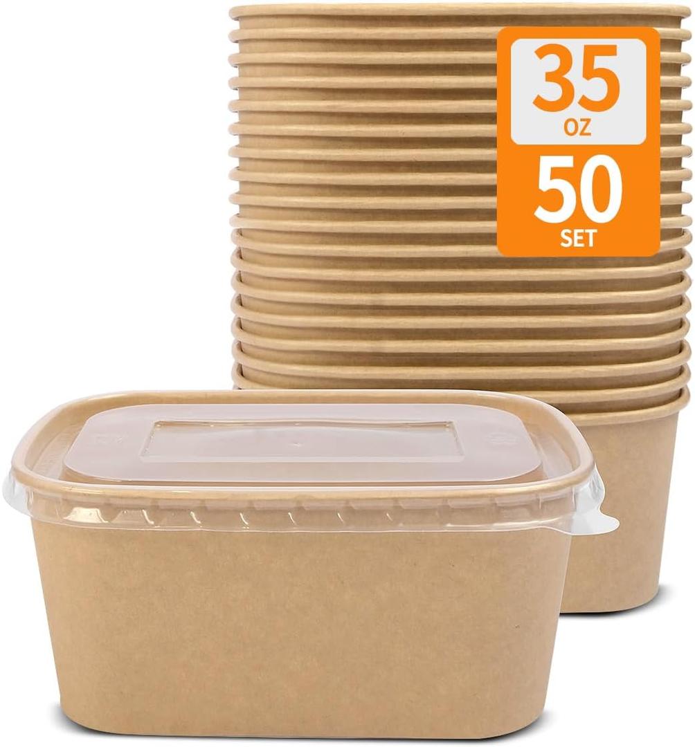 Celel 50 Pack 35 oz Paper Food Containers with Lids, Paper Meal Prep Containers Microwavable and Freezer Use Cardboard Food Concertinas - 50 Bowls 50 Lids