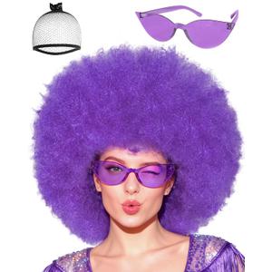 JoneTing Women Purple Afro Wig +Hair Cap +Sunglasses Purple Fluffy Wigs for Women Purpled Funny Crazy Party Wigs Color Afro Wig Purpled Disco Hippie Hair for Halloween Christmas Cosplay Costume