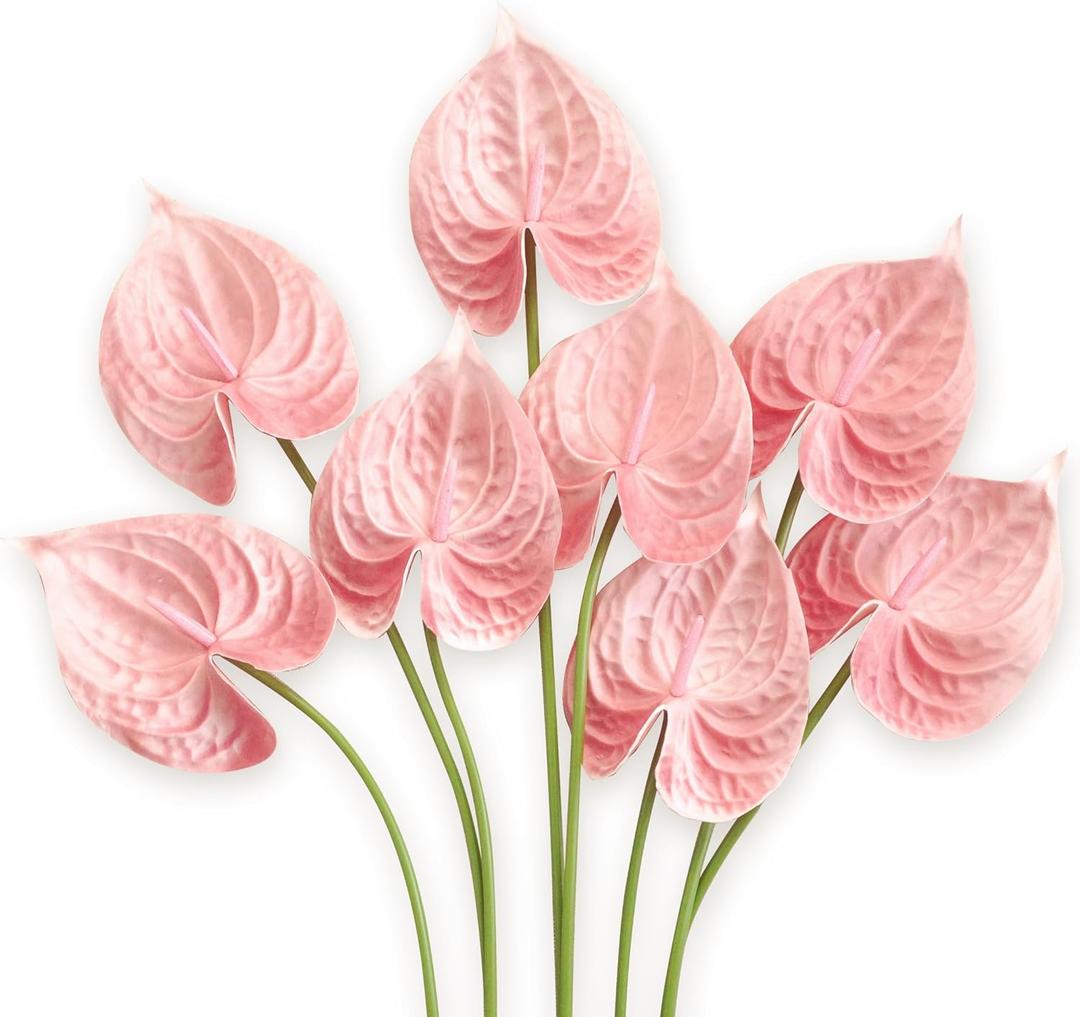 Real Touch Anthurium Artificial Flowers, 8pcs Shabby Blush Faux Tropical Flowers with Stems for Modern Wedding Bouquets, Elegant Centerpieces & Chic Party Decoration