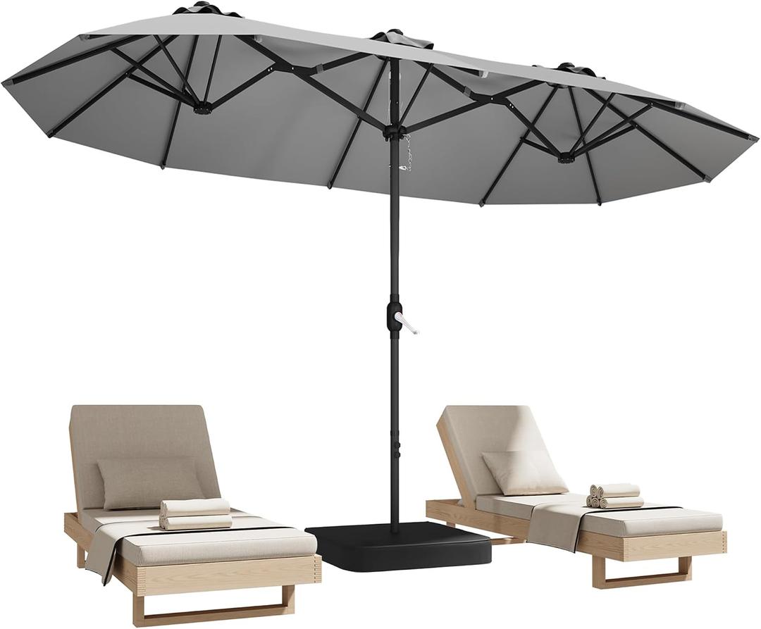 DomeShade 15ft Patio Umbrella with Base,Large Outdoor Double-Sided Rectangle Umbrella with Crank Handle, Market Umbrella for Poolside Garden Deck Backyard Beach Pools, Gray, Extra Large 15ft x 9ft