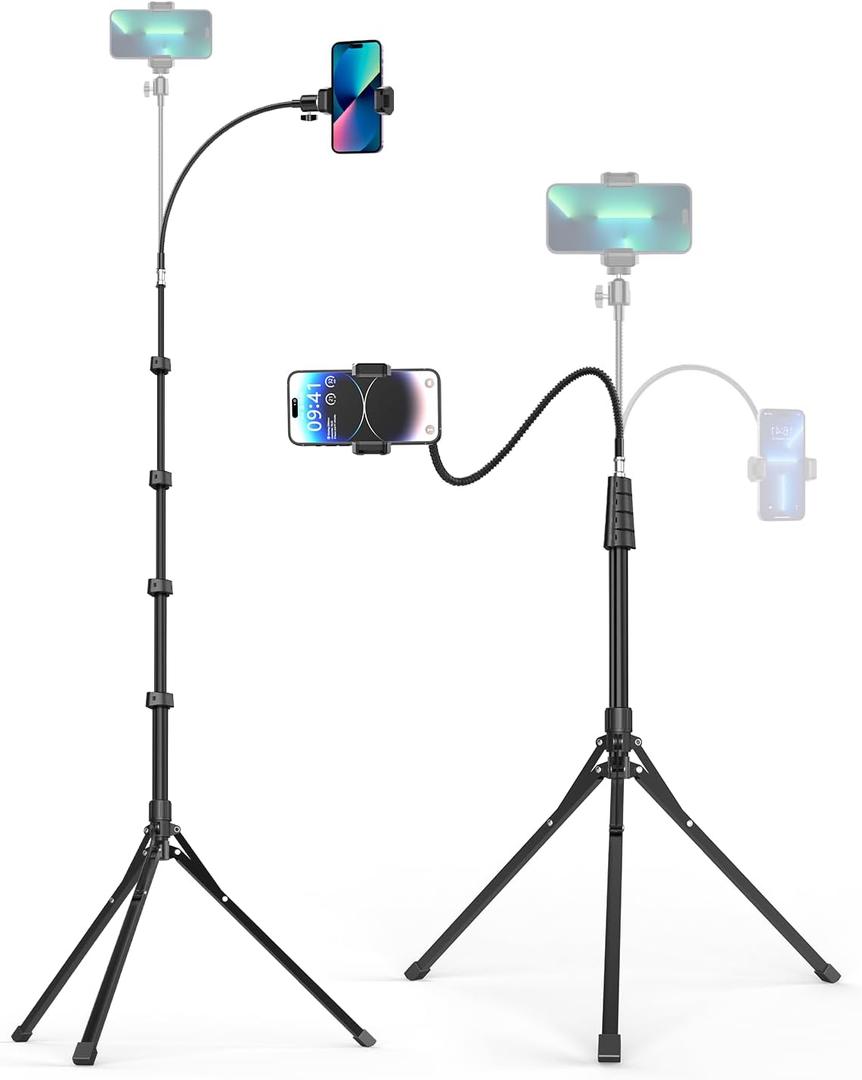 Aureday Phone Tripod, 92" Cell Phone Stand with 15" Gooseneck, Remote and Phone Holder, Overhead & Selfie Stick for Recording/Watching/Vlog, Compatible with iPhone Android (Black)