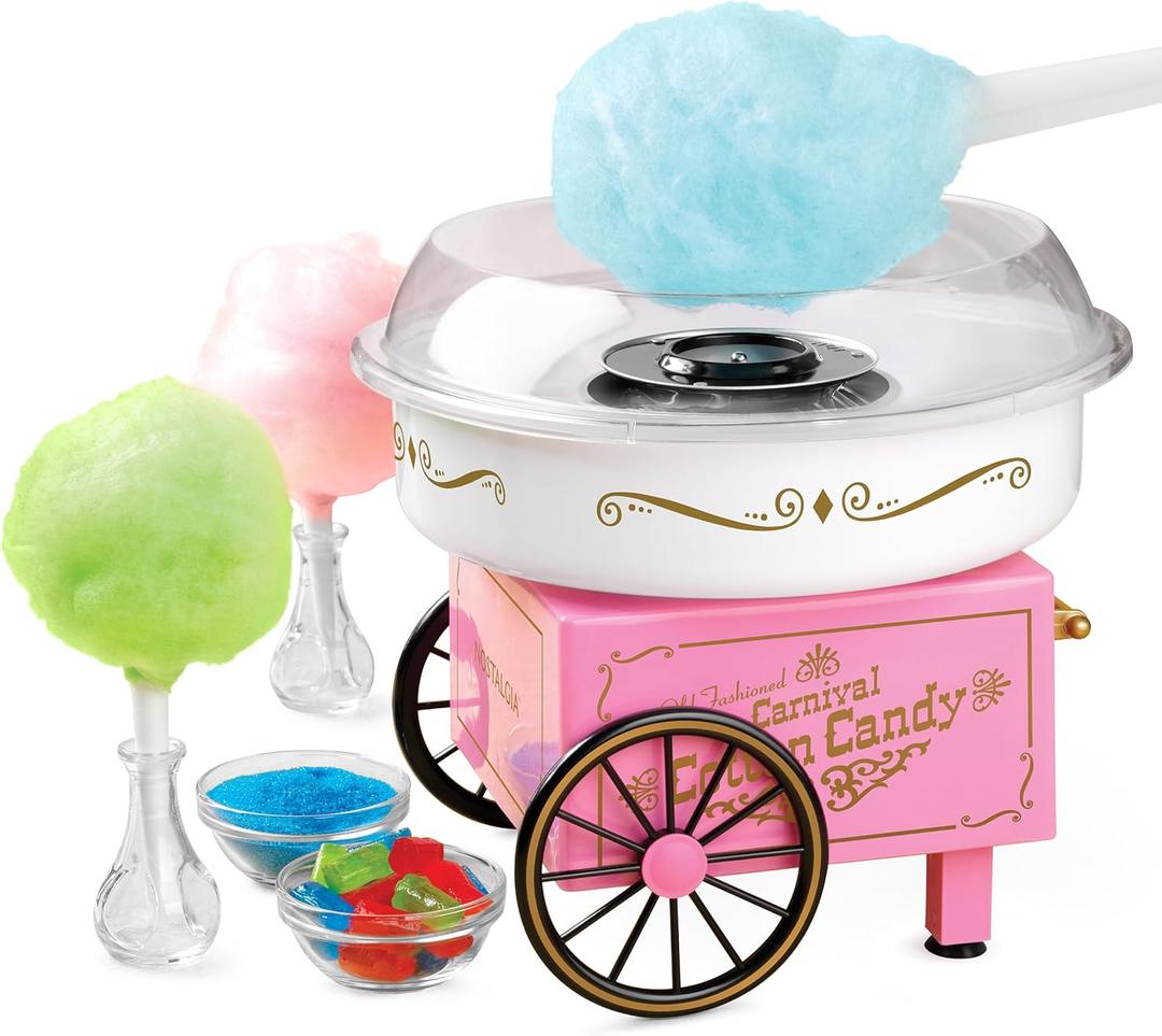 Nostalgia Vintage Hard and Sugar Free Candy Countertop Cotton Candy Maker, Includes 2 Reusable Cones And Sugar Scoop  Pink