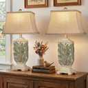 25" Vintage Table Lamps, 3 Color Temperature Rustic Retro Beside Lamp Set of 2,Wash White Farmhouse Resin Table Lamp for Living room Bedroom Nightstands, Rotary Switch, Carved Leaf ( 2 Bulbs Included)