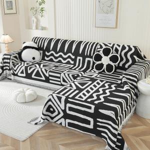 OstepDecor Boho Sectional Couch Covers 2 Pieces, L Shaped Sofa Cover, Chenille Couch Cover for Dogs Washable, Couch Cover Blanket, Sofa Slipcover for 2-3 Cushion Couch (71"x118"+91"x134", Black)