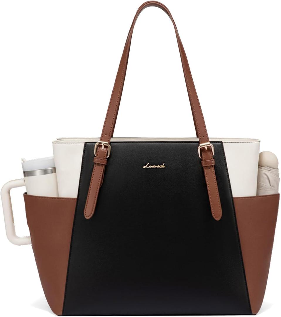 LOVEVOOK Laptop Tote Bag for Women With Large Cup Holder, Leather Work Tote Bag for Women,15.6 Inch Professional Computer Briefcase Business Teacher Commuter Shoulder Bag, Office Travel Gift (Black-white-brown)
