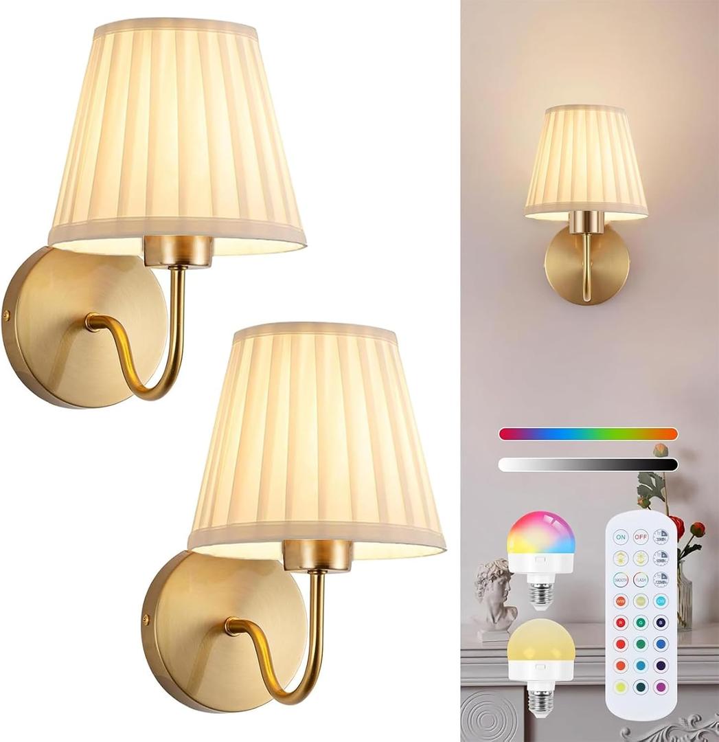 Vintage Battery Operated Wall Sconces Set of 2, Pleated Fabric Shade Gold Wall Lamp with Remote Control, Cordless Rechargeable Wall Sconces Fixtures for Bedroom, Living Room, Beside (2 Bulbs Included)
