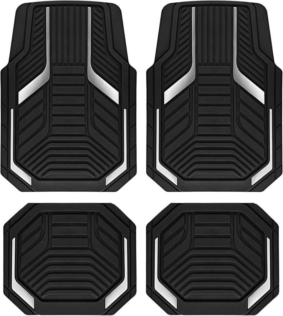 PIC AUTO Heavy Duty Rubber Floor Mats, Silver Aluminum Film Car Mats Set, Front and Rear Car Mats with Anti-Slip Backing, All Weather Protection, Trim-to-Fit for Automotive SUV, Sedan, Van