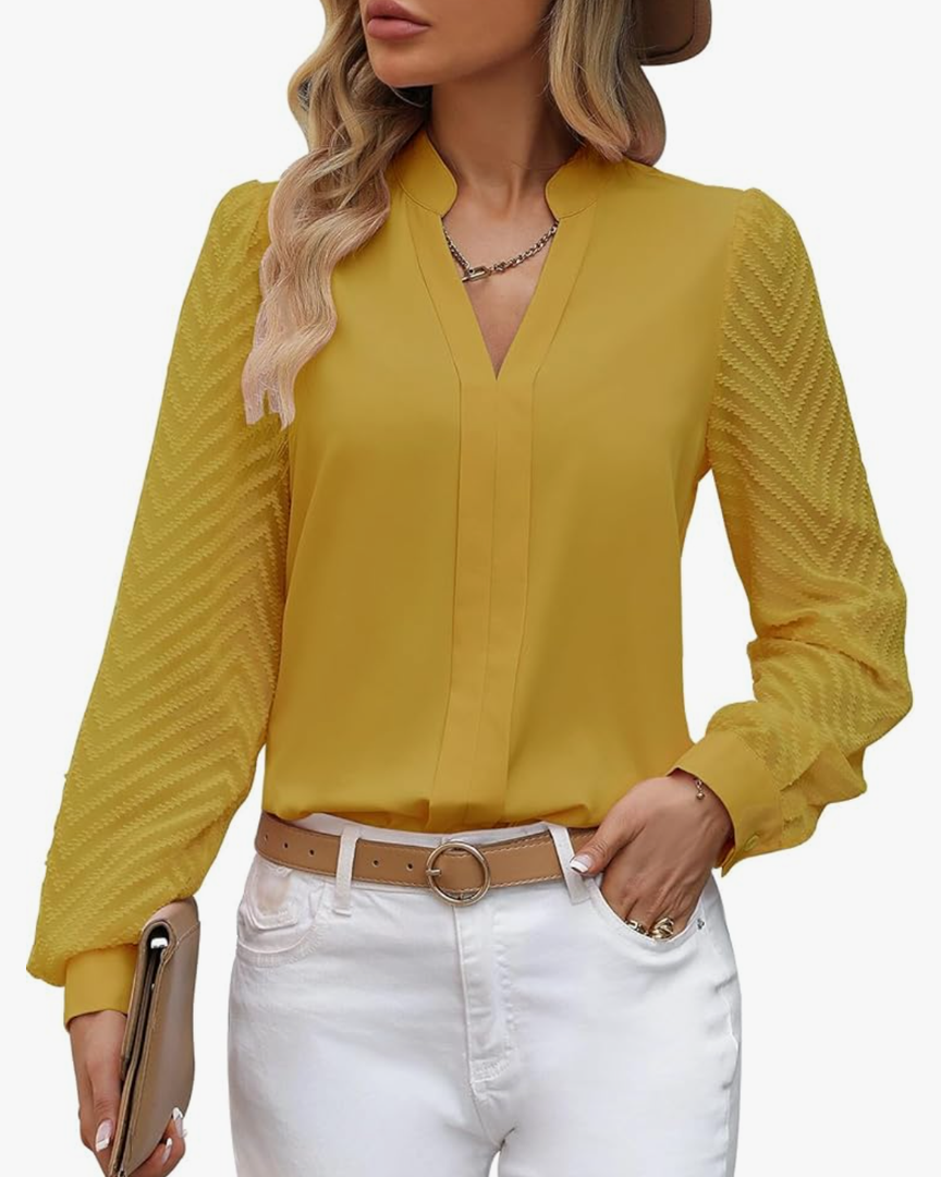 Womens Tops Dressy Casual Sheer Long Sleeve V Neck Shirts Loose Flowy Chiffon Business Work Blouses Size XXL