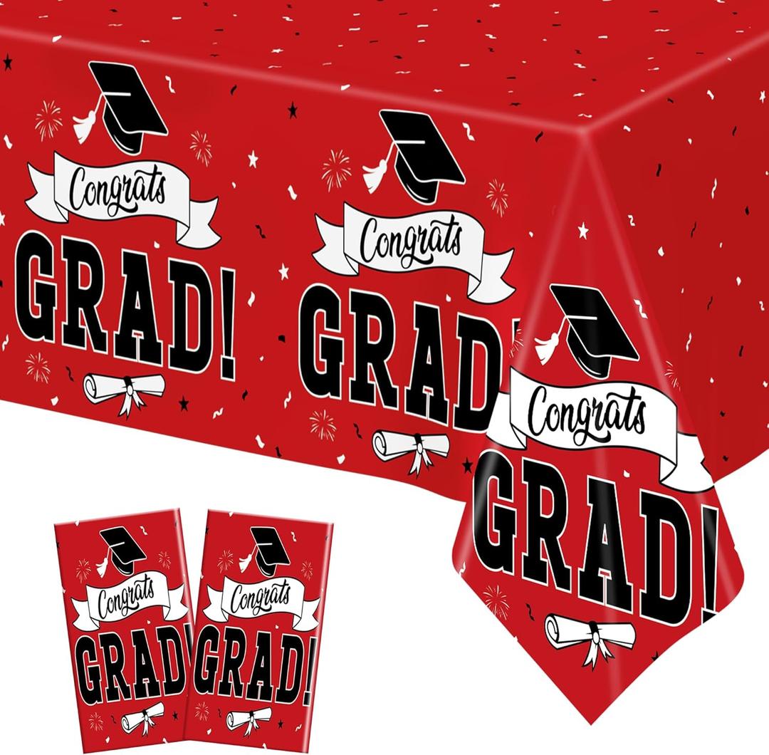 QZYL 2 PCS Graduation Tablecloth, 108" X 54" Red Graduation Table Decorations 2026, Disposable Plastic Tablecover for Grad Decor Party Supplies, Rectangle Table Cloths for Class 2026 Congrats Grad
