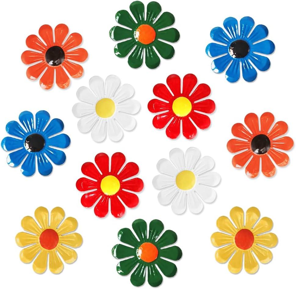 Tsilin 12 Pcs Metal Flowers Garden Decor, Colorful Sunflower Statues Flower Sculptures Wall Art Decor Hanging Ornament for Outdoor Backyard Porch Patio Fence Home Decorations