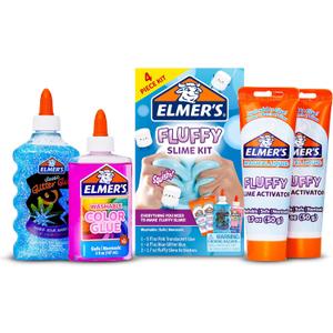 Elmers Fluffy Slime Kit, Includes Translucent Color Glue, Glitter Glue, Fluffy Slime Activator, 4 Count - Perfect for Birthday Parties, Gift Idea, Kids Activity
