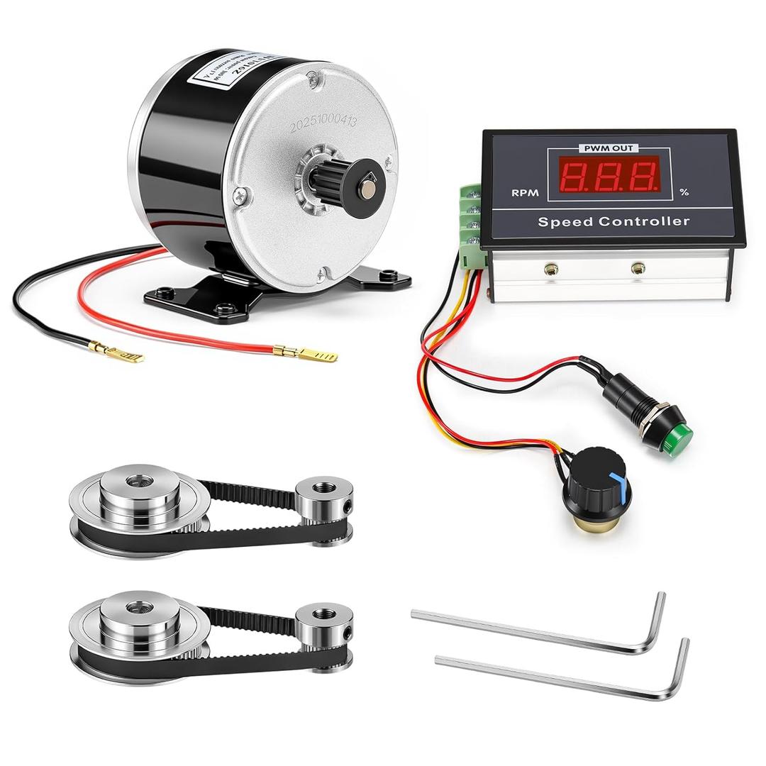 Lounsweer 4 Pack Small Brushed Permanent Magnet Electric Motor for E Scooter Speed Control 24v 350w 3000rpm and Gt2 Pulleys 6-60v 12v 24v 36v 48v 30a PWM Dc Motor Controller 30a Switch Controller