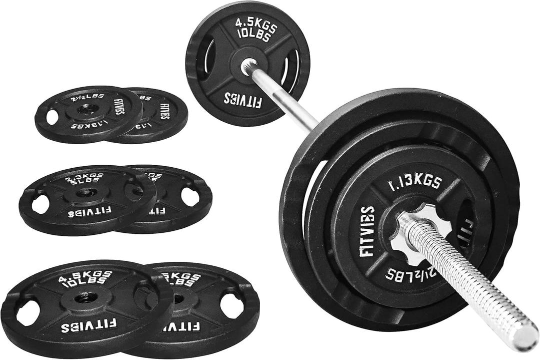 Fitvids Cast Iron Standard Weight Plates Including 5FT Standard Barbell with Star Locks, 45-Pound Set (35 Pounds Plates + 10 Pounds Barbell), Multiple Styles