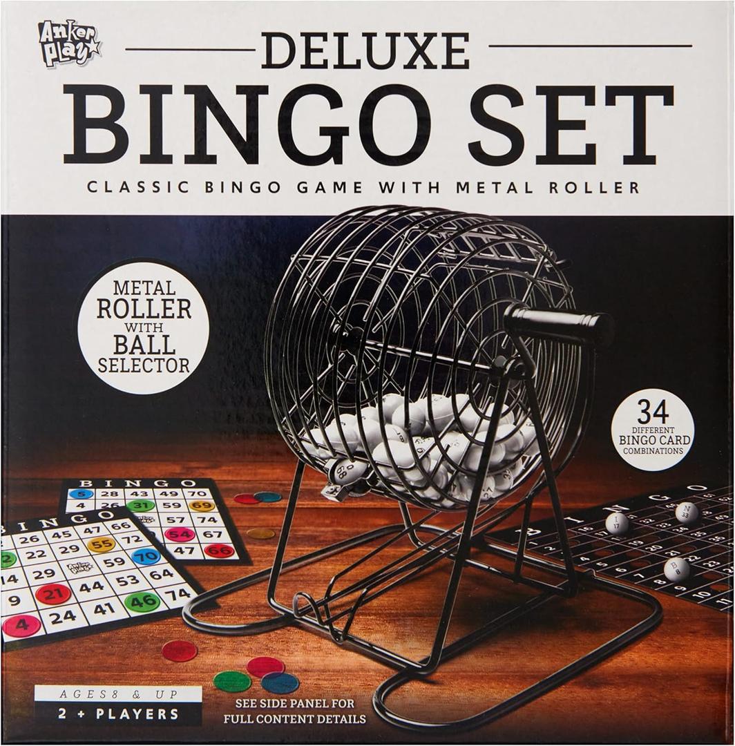 Deluxe Metal Bingo Case - Bingo Night Play Kit - Includes Metal Bingo Cage, 75 Numbered Balls, 150 Bingo Markers, 17 Double-Sided Bingo Cards & 1 Master Bingo Card