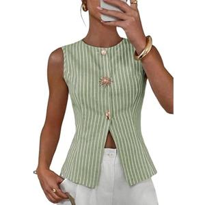 BLENCOT Womens Striped Sleeveless Slim Fit Vest Tops Dressy Crewneck Metal Button Down Business Casual Outfits Large