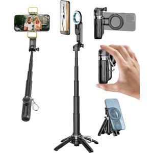 USKEYVISION Magnetic Pocket Selfie Stick for iPhone with Light for MagSafe 4 in 1 Portable Pocket Phone Tripod for iPhone & Android W/Rechargeable Remote, Removable Phone Clip, Video Recording(MPT-02)