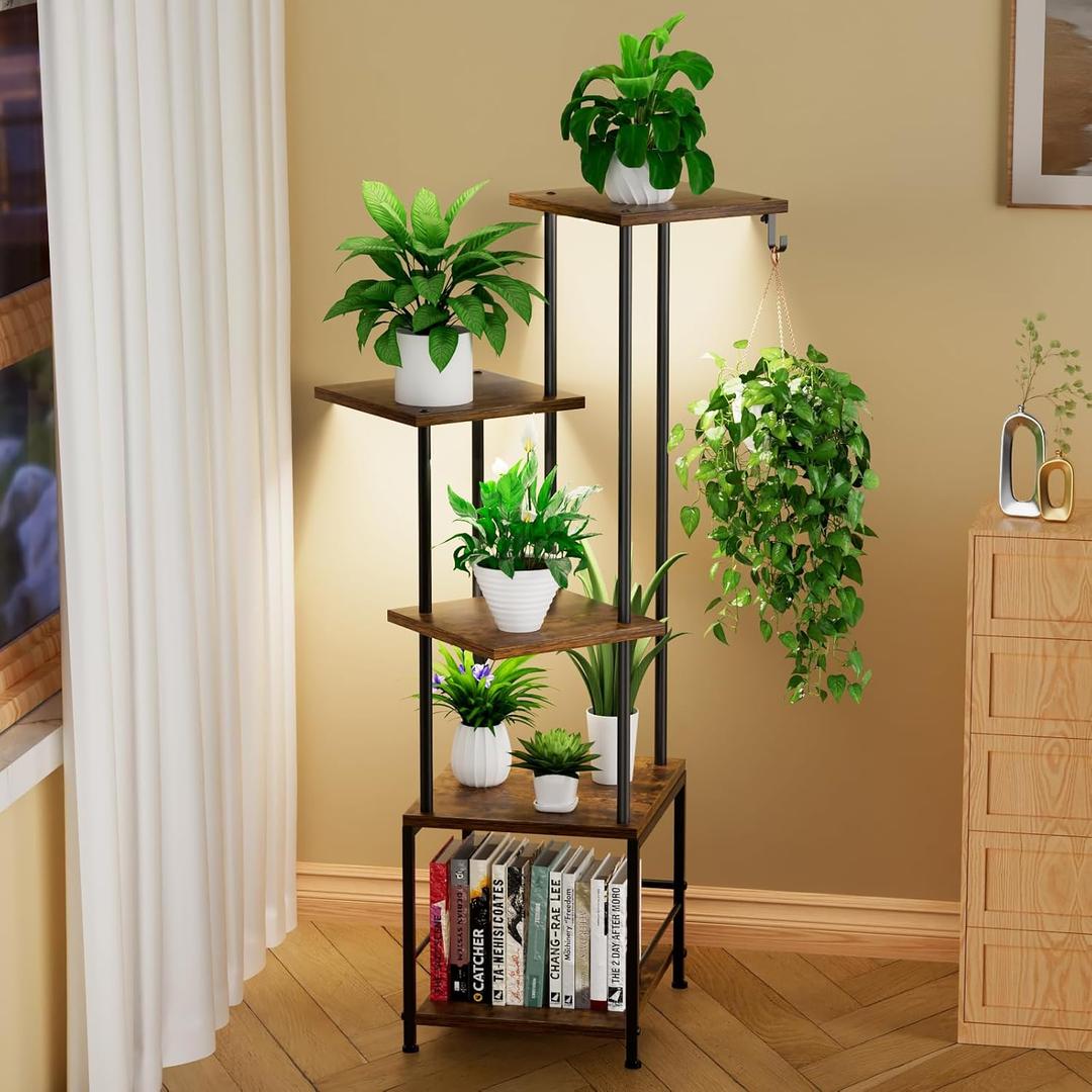 Homsorout Plant Stand Indoor with Grow Light, 5-Tiered Tall Plant Stand Indoor, Metal Plant Shelf with Hanging Basket Hook and Adjustable Light, Ideal for Living Room, Garden, Patio (Black Brown)