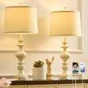 27.5" Farmhouse Table Lamps Set of 2 Bedside Nightstand Lamp with USB C+A Ports & AC Outlet, 3 Way Dimmable Touch Lamps for Bedroom Living Room Office Rustic Lamp (White Gold)