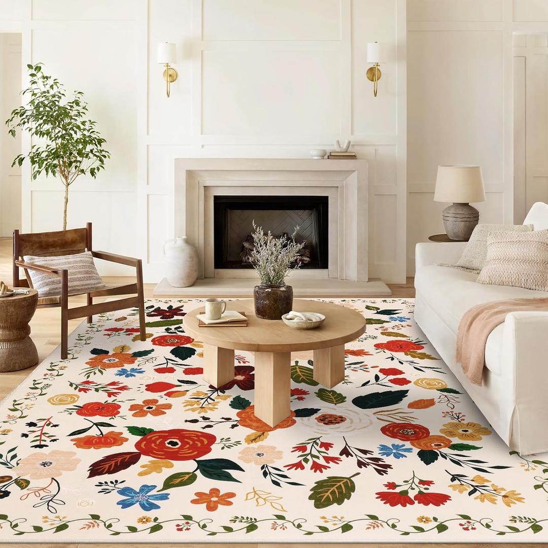 U'Artlines 6x9ft Floral Area Rug, Machine Washable Ultra Soft Low Pile Non Slip Non Shedding Accent Floor Carpet for Living Room, Bedroom, Dining Room, Office (Beige)