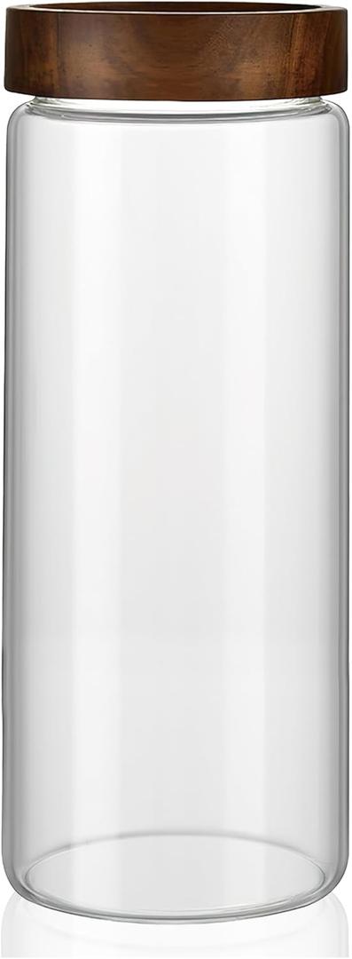 50 fl oz/1500 ml Clear Glass Storage Canister with Airtight Wooden Screw Lid, Large Tall Cute Decorative Glass Food Container Jar for Coffee, Candy, Cereal, Cookie, Pasta, Flour, Juices
