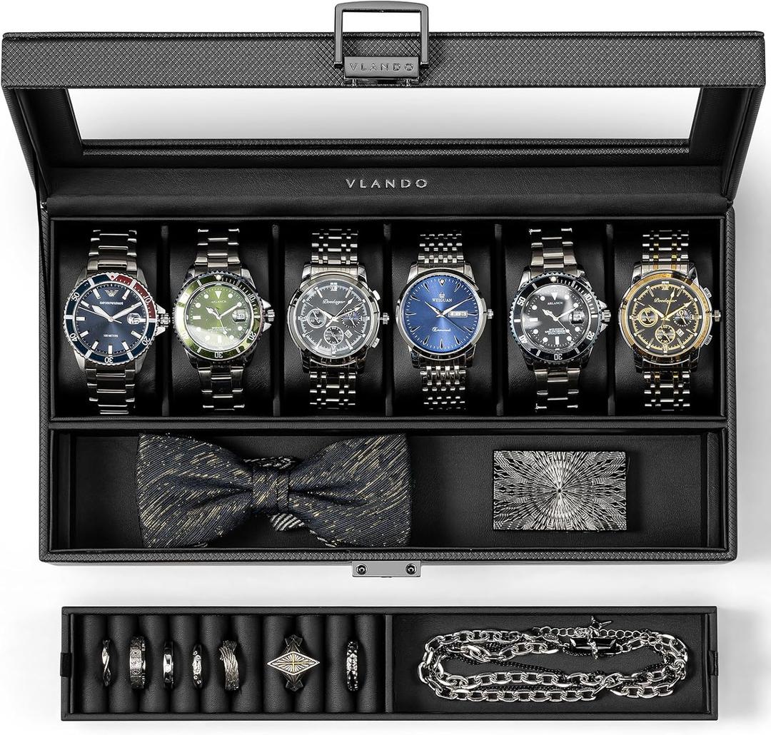 Vlando 6-Slot Watch Case for Men, Watch Box with Glass Lid, Storage for Rings, Keys, Business Textured Leather Organizer Display Case, Soft Pillow, Gifts for Fathers, Dad, Husband - Black